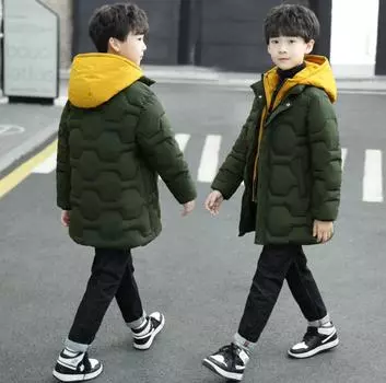 Зимние теплые детские куртки, одежда для мальчиков, теплые куртки, длинные пальто с капюшоном, водонепроницаемая утепленная парка для мальчиков 130 чёрный