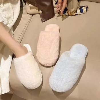 Зимние теплые домашние меховые тапочки женские роскошные искусственная замша плюшевые парные хлопковые туфли домашние спальные тапочки на плоской подошве пушистые тапочки 36-37 бежевый
