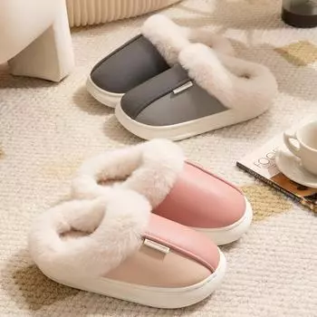 Зимние теплые домашние меховые женские тапочки роскошные водонепроницаемые плюшевые туфли из искусственной кожи для пар из хлопка для дома и спальни на плоской подошве пушистые тапочки 40-41(fit 38-39) розовый