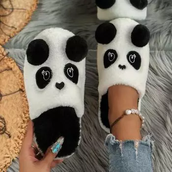 Зимние теплые домашние тапочки с изображением панды, нескользящая флисовая плюшевая домашняя обувь, домашняя уличная обувь, зимняя женская обувь, теплая 36-37 серый