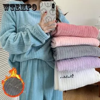 Зимние теплые фланелевые женские пижамные комплекты, плюшевые бархатные пижамы с длинными рукавами, ночная рубашка, коралловый флис, домашняя одежда для девочек фиолетовый