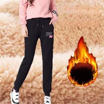 Зимние теплые флисовые брюки из ягненка, женские плюшевые утолщенные спортивные брюки, брюки S чёрный
