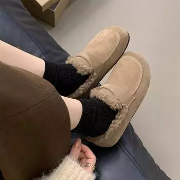 Зимние теплые флисовые женские туфли-лоферы, модные неглубокие туфли без застежек на плоской подошве, удобные туфли на открытом воздухе с мягкой подошвой 35 коричневый