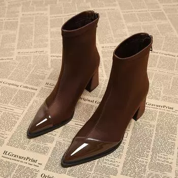 Зимние теплые хлопковые женские ботильоны, модные короткие ботильоны с острым носком, элегантные женские ботильоны на толстом каблуке 35