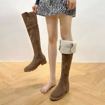 Зимние теплые хлопковые женские сапоги выше колена, женские лаконичные квадратные сапоги на низком каблуке, длинные, Botas De Mujer 35