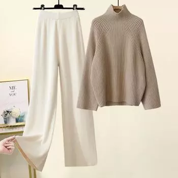 Зимние теплые комплекты женские водолазка с длинным рукавом пуловер свитер широкие штаны на завязках трикотажные комплекты XL