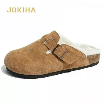 Зимние теплые кожаные туфли женские с круглым носком женские туфли-мюли меховые туфли на плоской подошве пробковые тапочки с плюшевым закрытым носком бесплатная доставка 35 верблюд