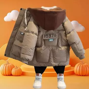 Зимние теплые куртки Детское повседневное зимнее пальто с флисовой подкладкой Толстое стеганое пальто для мальчиков 110cm хаки