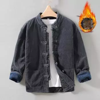 Зимние теплые куртки для мужчин, китайская традиционная винтажная куртка с дисковыми пуговицами, повседневное утепленное пальто с воротником-стойкой для мужчин M серый