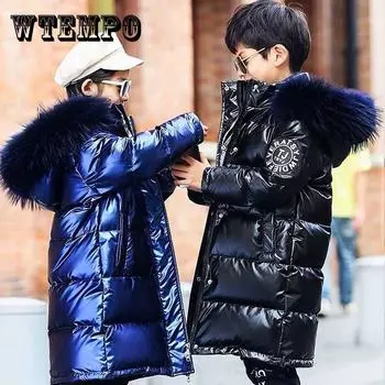 Зимние теплые куртки на белом утином пуху для девочек, водонепроницаемая одежда для мальчиков, пальто с меховым капюшоном для детей 170