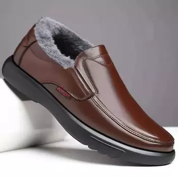Зимние теплые меховые мокасины мужские кожаные повседневные туфли мужская обувь для ходьбы нескользящая толстая подошва теплые мужские кроссовки кожаные мокасины 39