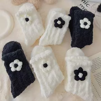 Зимние теплые милые носки женские цветочные носки пушистые осенние забавные средние толстые домашние черные белые мягкие спальные женские