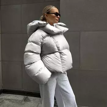 Зимние теплые модные хлопковые пуховики женские свободные толстые короткие парки пальто винтажная верхняя одежда с длинным рукавом с капюшоном S светло-серый