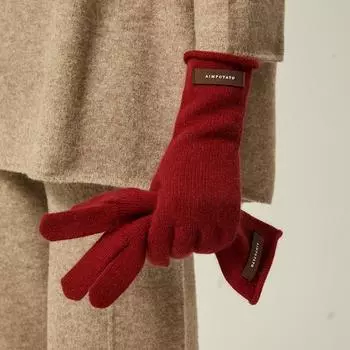Зимние теплые мягкие липкие однотонные кружевные шерстяные перчатки для женщин, зимние теплые вязаные перчатки с пятью пальцами для сенсорного экрана one size темно-красного