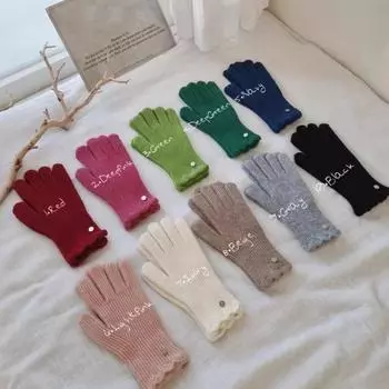 Зимние теплые мягкие липкие однотонные кружевные шерстяные перчатки для женщин, зимние теплые вязаные перчатки с пятью пальцами для сенсорного экрана one size