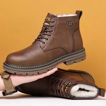 Зимние теплые мужские ботинки из кожи и бархата на платформе, дизайнерские повседневные ботинки из хлопка с мягкой подошвой для мужчин, модные шерстяные ботильоны для мужчин 38 чёрный