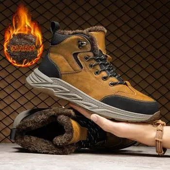 Зимние теплые мужские ботинки из спилка на меху, мужские зимние ботинки ручной работы, непромокаемые рабочие ботильоны, мужская обувь с высоким берцем 38 жёлтый