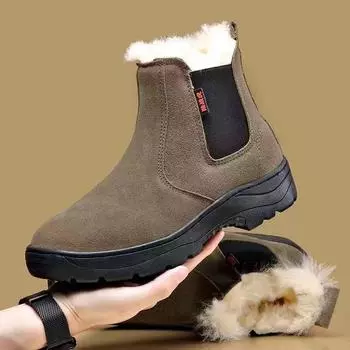 Зимние теплые мужские ботинки из замши, кожи и меха, мужские зимние ботинки, рабочие ботинки ручной работы, высокие мужские ботинки 39 коричневый