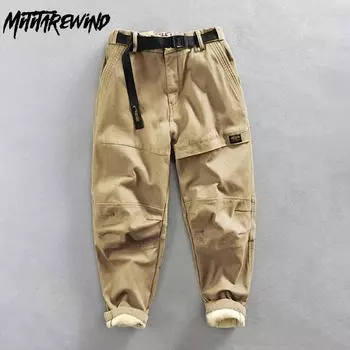 Зимние теплые мужские брюки, повседневные длинные брюки, брюки-карго в американском стиле цвета хаки, мешковатые флисовые брюки, молодежные модные мужские брюки M чёрный