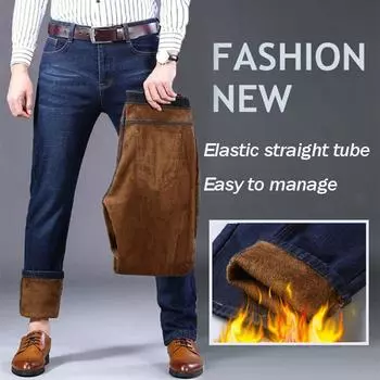 Зимние теплые мужские джинсы эластичные свободные прямые брюки с толстыми бархатными брюками мужские большие деловые повседневные брюки 29