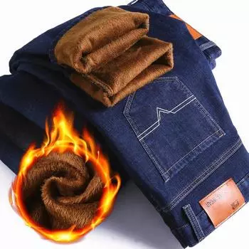 Зимние теплые мужские джинсы эластичные свободные прямые брюки с толстыми бархатными брюками мужские большие деловые повседневные брюки 29