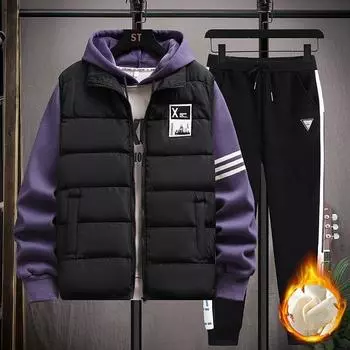 Зимние теплые мужские комплекты из 3 предметов, жилет с капюшоном, флисовый повседневный спортивный спортивный костюм на молнии, мужской спортивный костюм 3XL чёрный