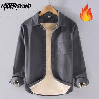 Зимние теплые мужские топы, повседневные рубашки, винтажные вельветовые рубашки с длинным рукавом, утолщенные мужские рубашки, однотонные квадратные рубашки из хлопкового флиса M белый