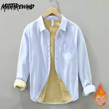 Зимние теплые мужские топы, повседневные повседневные рубашки в полоску с длинным рукавом для мужчин, мужская одежда из чистого хлопка, флисовая рубашка с воротником-лацкан и карманом M белый