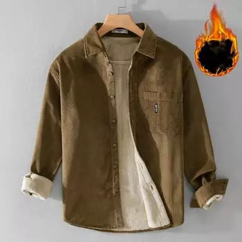 Зимние теплые мужские топы, повседневные, утолщенные, из чистого хлопка, рубашка на пуговицах, с карманами, однотонная флисовая рубашка, простая мужская одежда M хаки