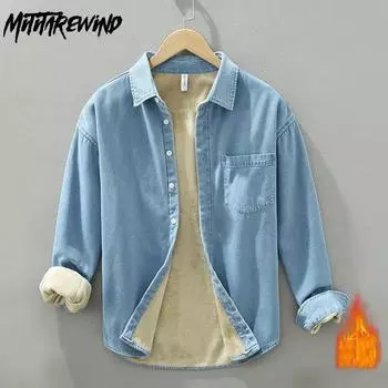 Тонкие зимние теплые мужские топы, простой стиль, длинный рукав, флисовая джинсовая рубашка с карманом, повседневная, чистая хлопковая мужская одежда M чёрный