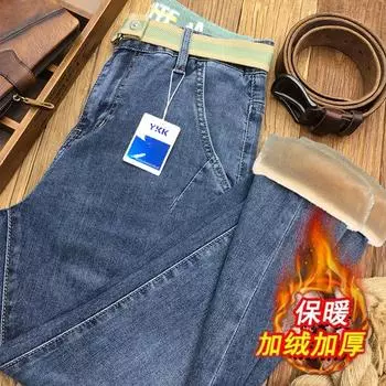 Зимние теплые облегающие джинсы с флисовой подкладкой, мужские повседневные трендовые длинные брюки с косой посадкой и хлопковой подкладкой в американском стиле 28 синий