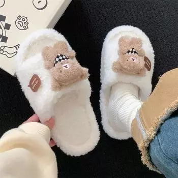 Зимние теплые плоские меховые тапочки женские из искусственной замши пушистые меховые домашние тапочки женские удобные нескользящие домашние хлопковые туфли 36-37 белый