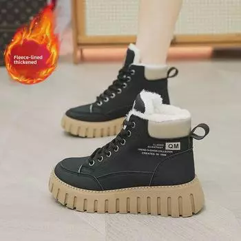 «Зимние теплые плюшевые хлопковые сапоги 2024 года — нескользящие ботинки Martin на толстой подошве для студентов» 40 хаки