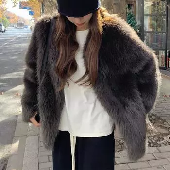 Зимние теплые плюшевые куртки женские с круглым вырезом модные верхние одежды искусственный мех пальто для женщин утолщенные свободные женские зимние куртки S коричневый