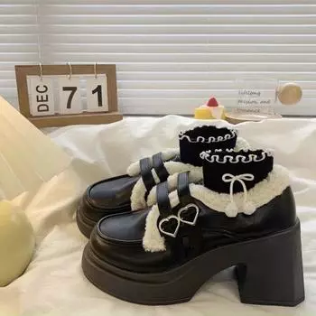 Зимние теплые плюшевые лоферы Мэри Джейн, женские туфли-лодочки из лакированной кожи на платформе, женская модная обувь для вечеринок на массивном высоком каблуке из искусственного меха 35