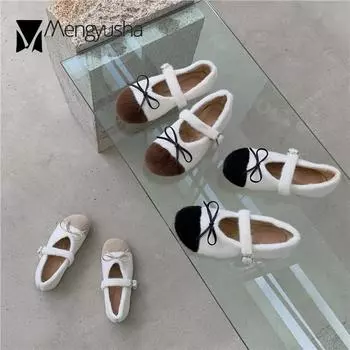 Зимние теплые плюшевые туфли Мэри Джейн женские меховые мокасины с пряжкой на ремне разноцветные мокасины из овчины туфли-бабочки с меховым узором женские 5 абрикосовый