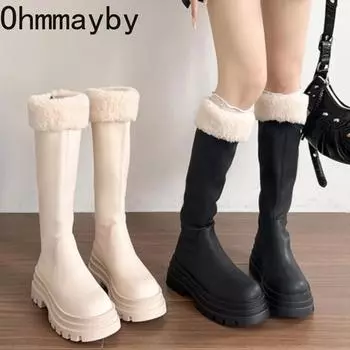 Зимние теплые плюшевые женские рыцарские длинные сапоги, модные сапоги на платформе до колена, лаконичные туфли на квадратном каблуке 35 бежевый