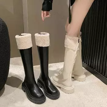 Зимние теплые плюшевые женские сапоги до колена, новинка 2025 года, модные мягкие кожаные замшевые длинные сапоги в уличном стиле на толстом квадратном каблуке 35