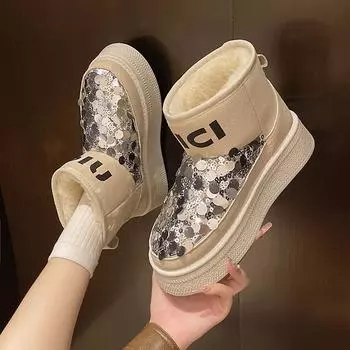 Зимние теплые плюшевые женские зимние сапоги с пайетками на толстой подошве 2024 года, горячая распродажа, водонепроницаемые повседневные удобные сапоги 35 бежевый