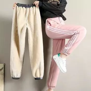 Зимние теплые повседневные брюки из овечьей шерсти Зимние спортивные брюки с флисовой подкладкой с высокой талией Эластичные толстые теплые термоштаны S чёрный