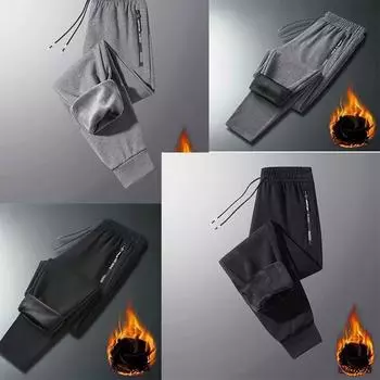 Зимние теплые повседневные брюки из овечьей шерсти, мужские спортивные штаны для бега, однотонные прямые брюки из флиса с завязками M чёрный