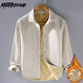 Зимние теплые рубашки для мужчин, повседневные повседневные рубашки с длинным рукавом, однотонные, с отложным воротником, утолщенные, простые по стилю M чёрный