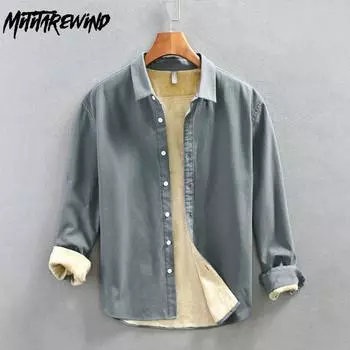 Зимние теплые рубашки с длинным рукавом для мужчин, повседневная однотонная рубашка, флисовая рубашка с отложным воротником, простые стильные мужские топы, приталенные топы M серый