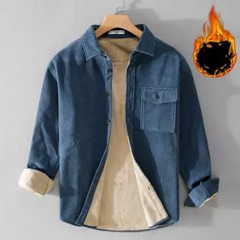 Зимние теплые рубашки в японском стиле для мужчин, повседневные, утепленные мужские топы из чистого хлопка, вельветовая однотонная флисовая рубашка с воротником-лацканами M серый