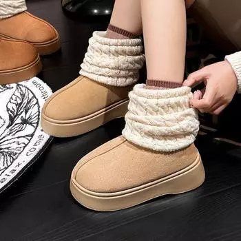 Зимние теплые сапоги для женщин, модные лоскутные толстые плюшевые ботильоны, женские сапоги на каблуках-копышках, вязаные носки, хлопковые лодочки, женские 36-37 бежевый