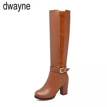 Зимние теплые сапоги до колена на высоком квадратном каблуке с боковой молнией, модные женские туфли с круглым носком, коричневые, белые, черные 34