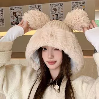 Зимние теплые шапки-бомберы женские плюшевые шапки с ушками из кролика вязаная шерстяная шапка защита от холода белый