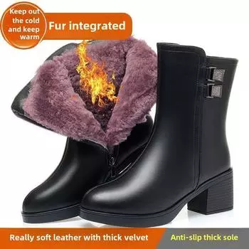 Зимние теплые шерстяные женские сапоги из натуральной мягкой кожи Короткие сапоги Утепленные сапоги из утолщенного хлопка Сапоги до середины голени Туфли из хлопка для мам На толстом каблуке 35