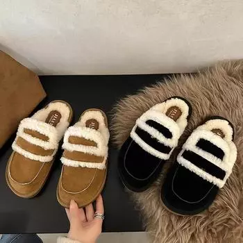 Зимние теплые тапочки женские новые плюшевые утолщенные удобные домашние уличные хлопковые туфли модная повседневная обувь для путешествий и отпуска 2024 36 чёрный