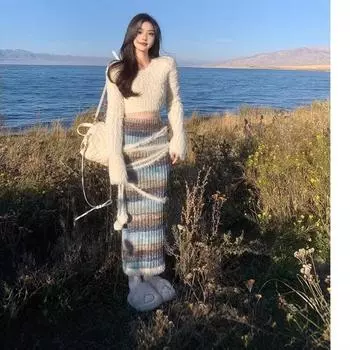 Зимние теплые трикотажные костюмы из двух частей, короткие топы с круглым вырезом + облегающая юбка со шнуровкой и высокой талией, облегающие женские комплекты XL белый